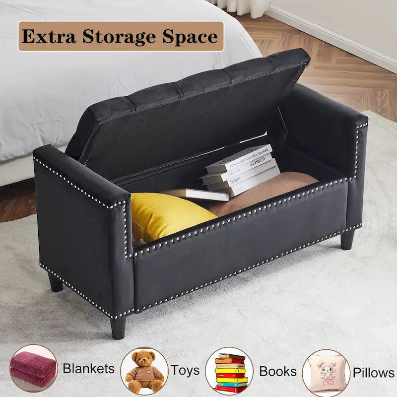Banc de rangement, banc de lit queen en velours capitonné de 113 cm, banc d'entrée/salon avec accoudoirs, garniture cloutée