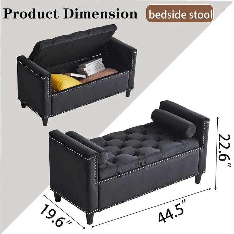 Banc de rangement, banc de lit queen en velours capitonné de 113 cm, banc d'entrée/salon avec accoudoirs, garniture cloutée