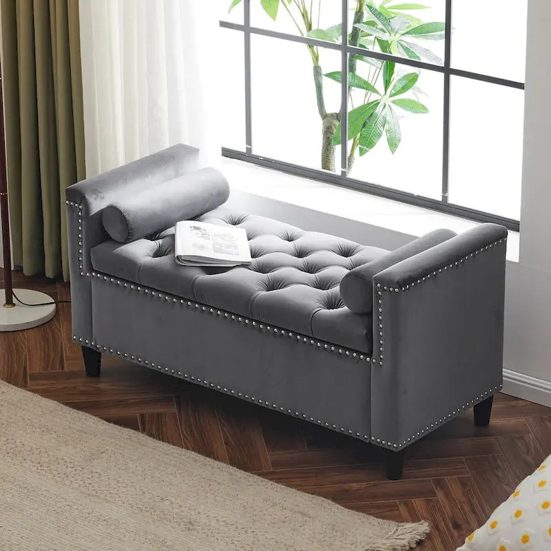 Banc de rangement, banc de lit queen en velours capitonné de 113 cm, banc d'entrée/salon avec accoudoirs, garniture cloutée
