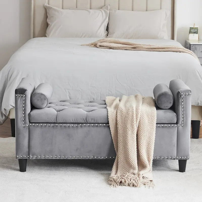 Banc de rangement, banc de lit queen en velours capitonné de 113 cm, banc d'entrée/salon avec accoudoirs, garniture cloutée