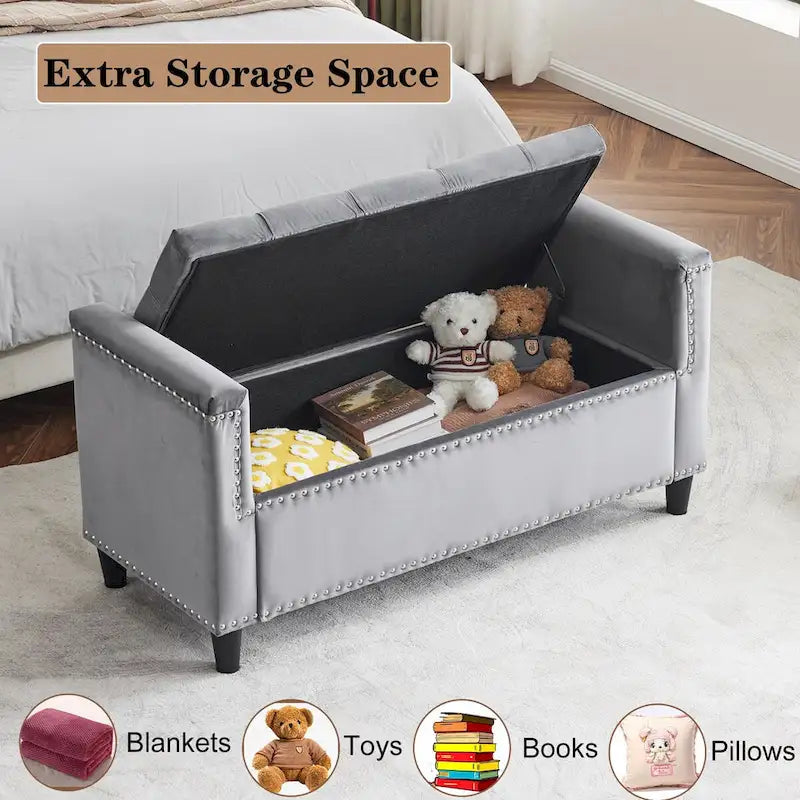 Banc de rangement, banc de lit queen en velours capitonné de 113 cm, banc d'entrée/salon avec accoudoirs, garniture cloutée