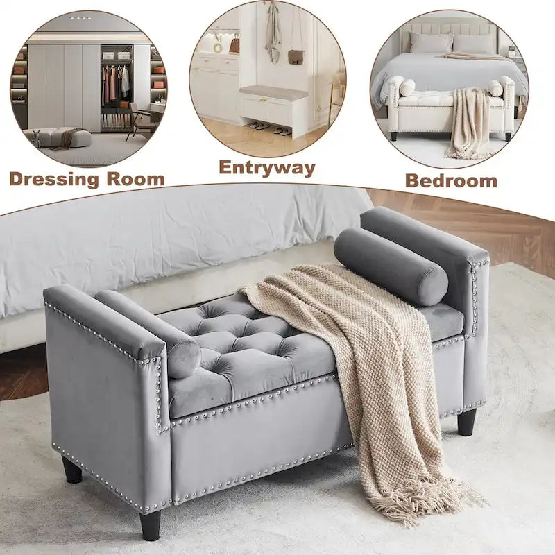 Banc de rangement, banc de lit queen en velours capitonné de 113 cm, banc d'entrée/salon avec accoudoirs, garniture cloutée