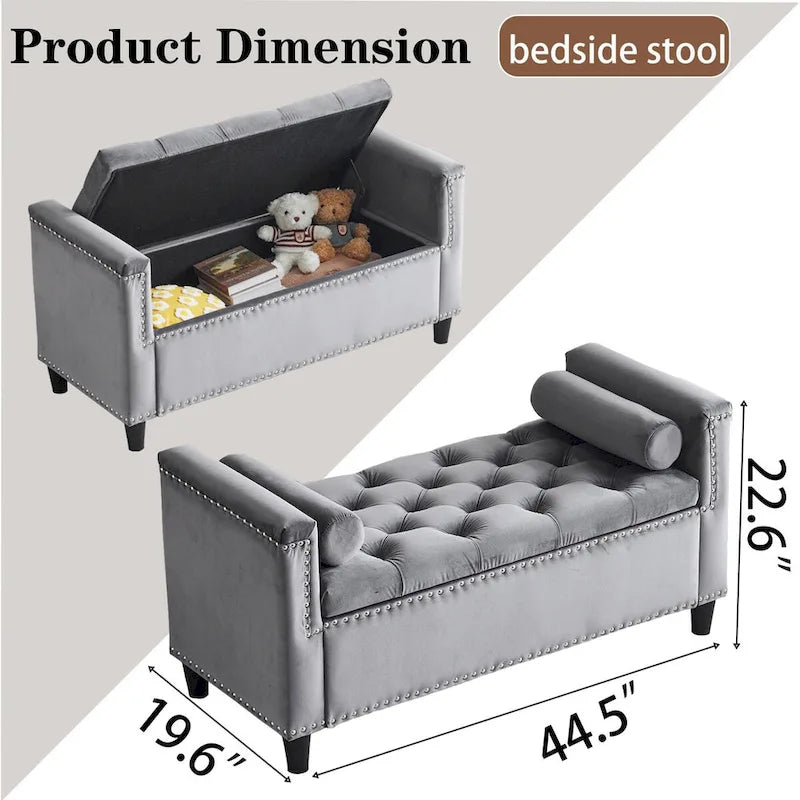 Banc de rangement, banc de lit queen en velours capitonné de 113 cm, banc d'entrée/salon avec accoudoirs, garniture cloutée