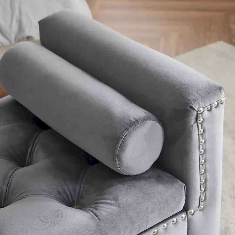 Banc de rangement, banc de lit queen en velours capitonné de 113 cm, banc d'entrée/salon avec accoudoirs, garniture cloutée