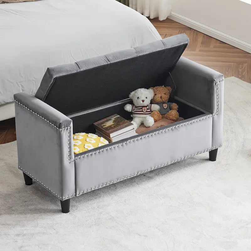 Banc de rangement, banc de lit queen en velours capitonné de 113 cm, banc d'entrée/salon avec accoudoirs, garniture cloutée