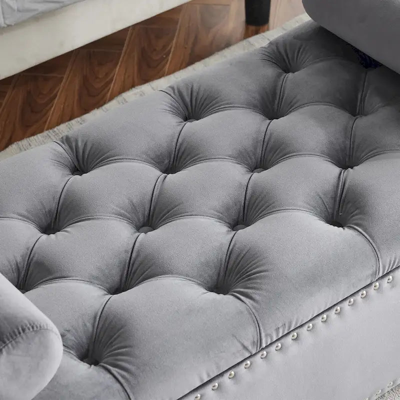 Banc de rangement, banc de lit queen en velours capitonné de 113 cm, banc d'entrée/salon avec accoudoirs, garniture cloutée