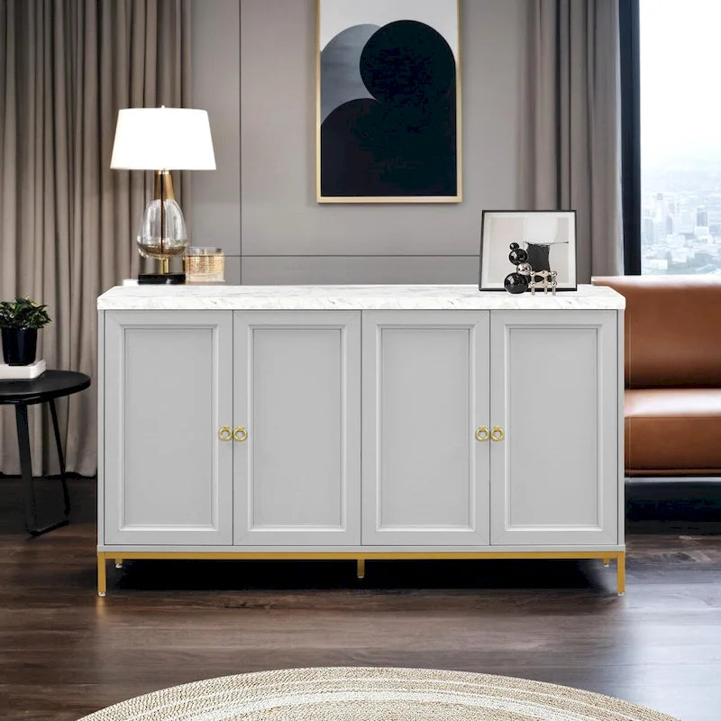 Buffet moderne avec grand espace de rangement, poignées et pieds en métal pour salon et salle à manger