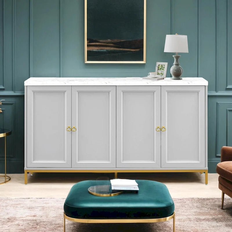 Buffet moderne avec grand espace de rangement, poignées et pieds en métal pour salon et salle à manger