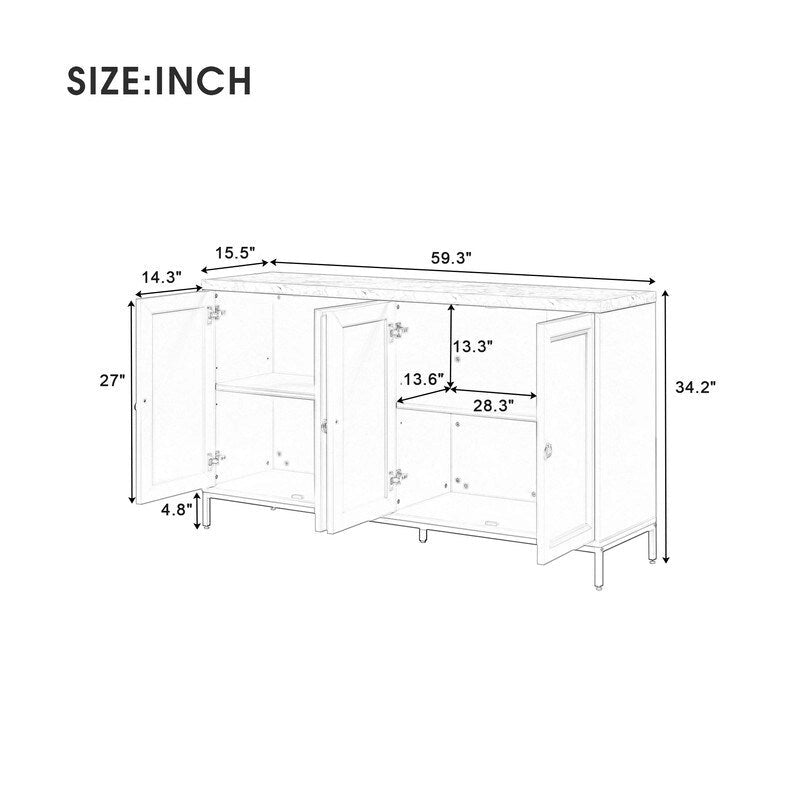 Buffet moderne avec grand espace de rangement, poignées et pieds en métal pour salon et salle à manger