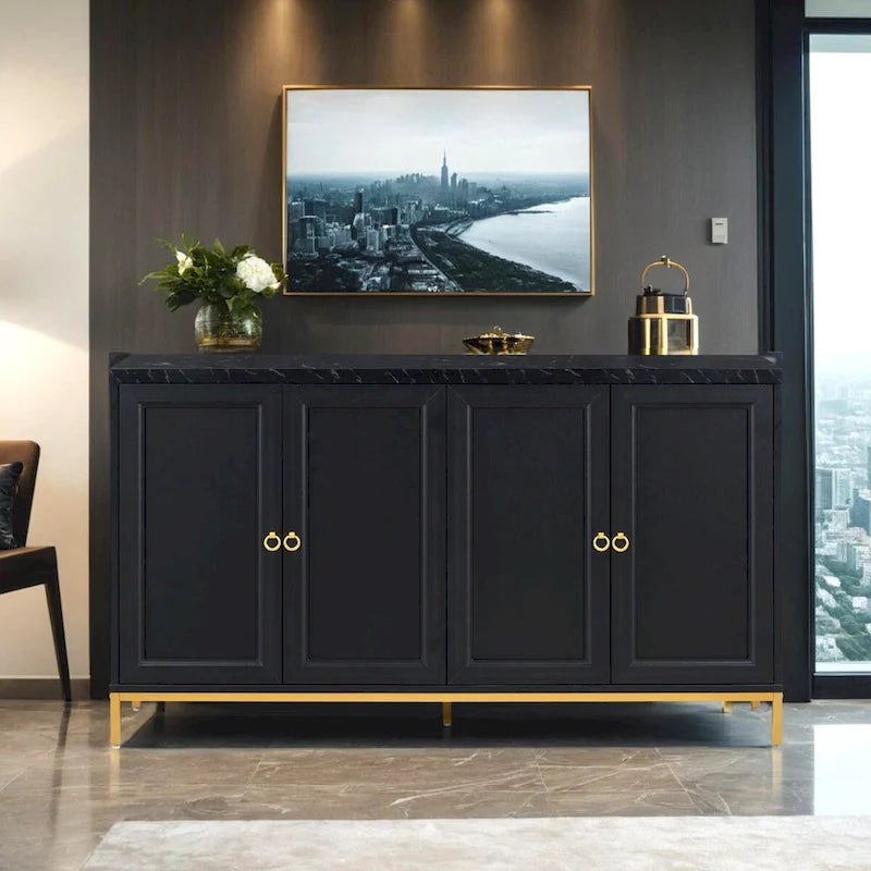 Buffet moderne avec grand espace de rangement, poignées et pieds en métal pour salon et salle à manger
