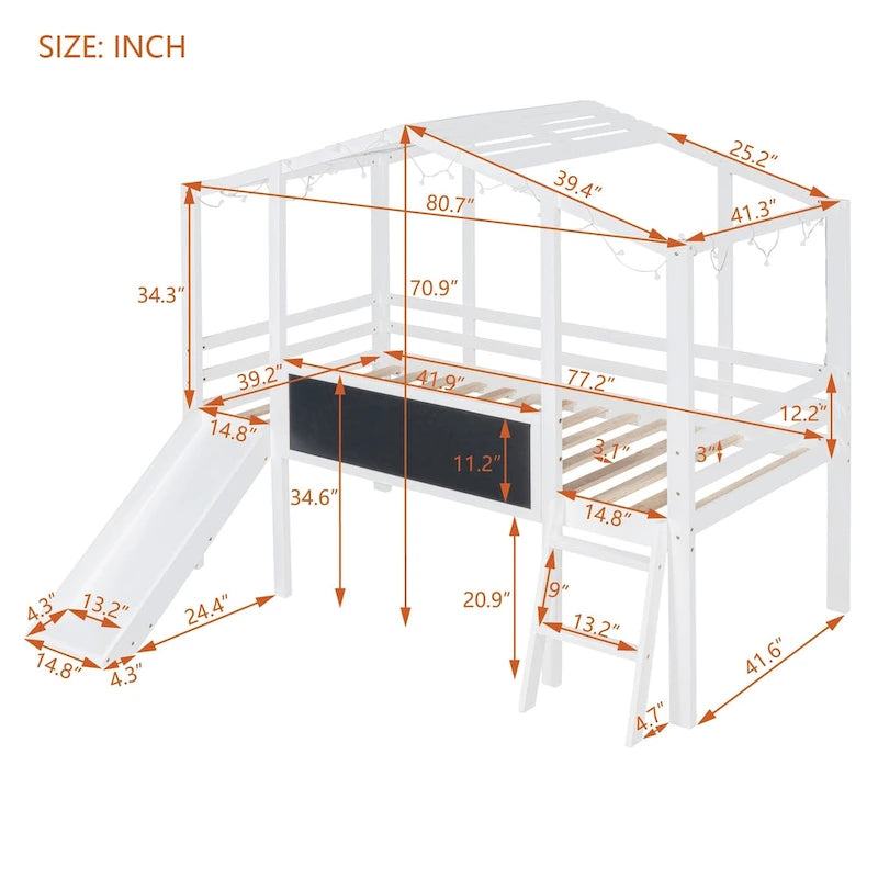 Lit mezzanine cabane une place avec toboggan, échelle et tableau, chambre d'enfant