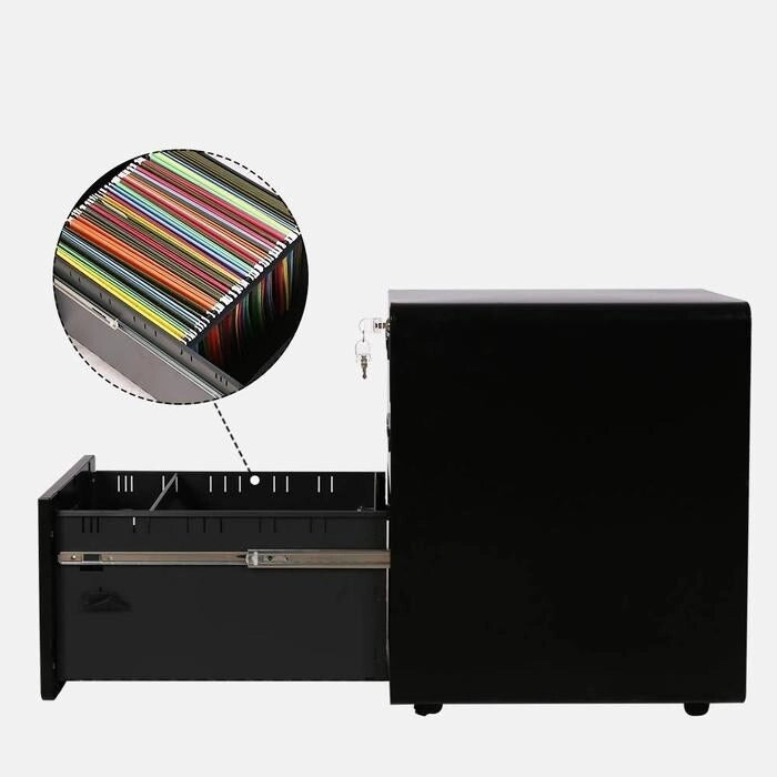 Classeur mobile en métal à 3 tiroirs avec clés de verrouillage et roulettes, rangement de bureau roulant