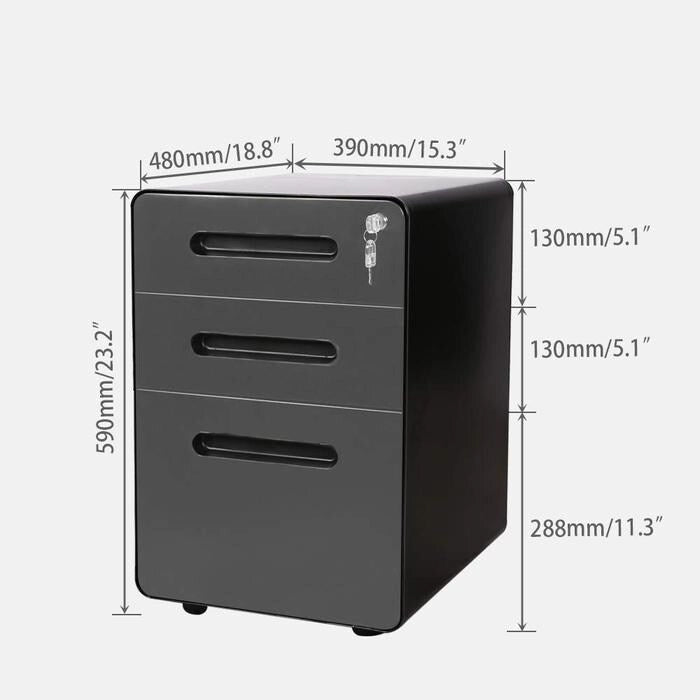 Classeur mobile en métal à 3 tiroirs avec clés de verrouillage et roulettes, rangement de bureau roulant