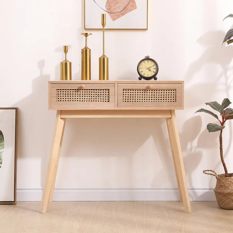 Table d'appoint avec deux tiroirs en rotin véritable, pieds de table en bois massif, peut être utilisée dans la salle à manger, le salon, la chambre