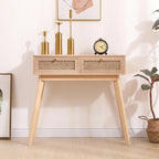 Side table with two real rattan drawers, solid wood table legs,can be used in the dining room, living room,bedroom