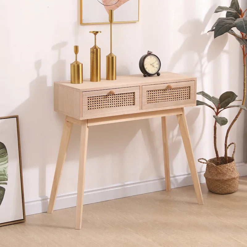 Table d'appoint avec deux tiroirs en rotin véritable, pieds de table en bois massif, peut être utilisée dans la salle à manger, le salon, la chambre