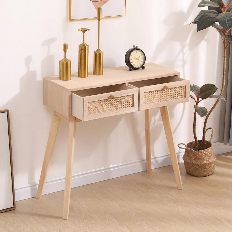 Table d'appoint avec deux tiroirs en rotin véritable, pieds de table en bois massif, peut être utilisée dans la salle à manger, le salon, la chambre