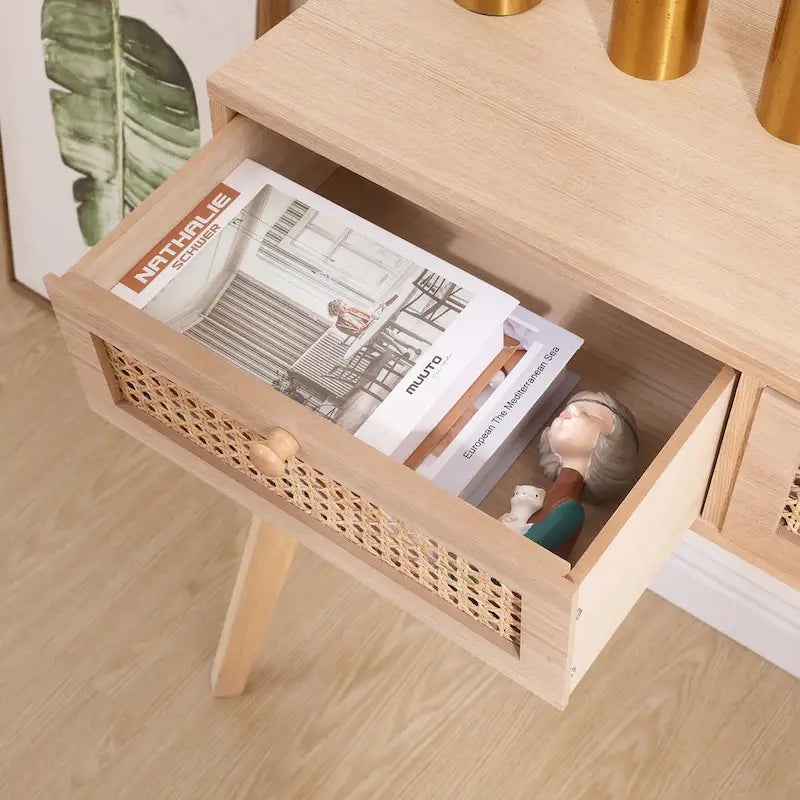Table d'appoint avec deux tiroirs en rotin véritable, pieds de table en bois massif, peut être utilisée dans la salle à manger, le salon, la chambre