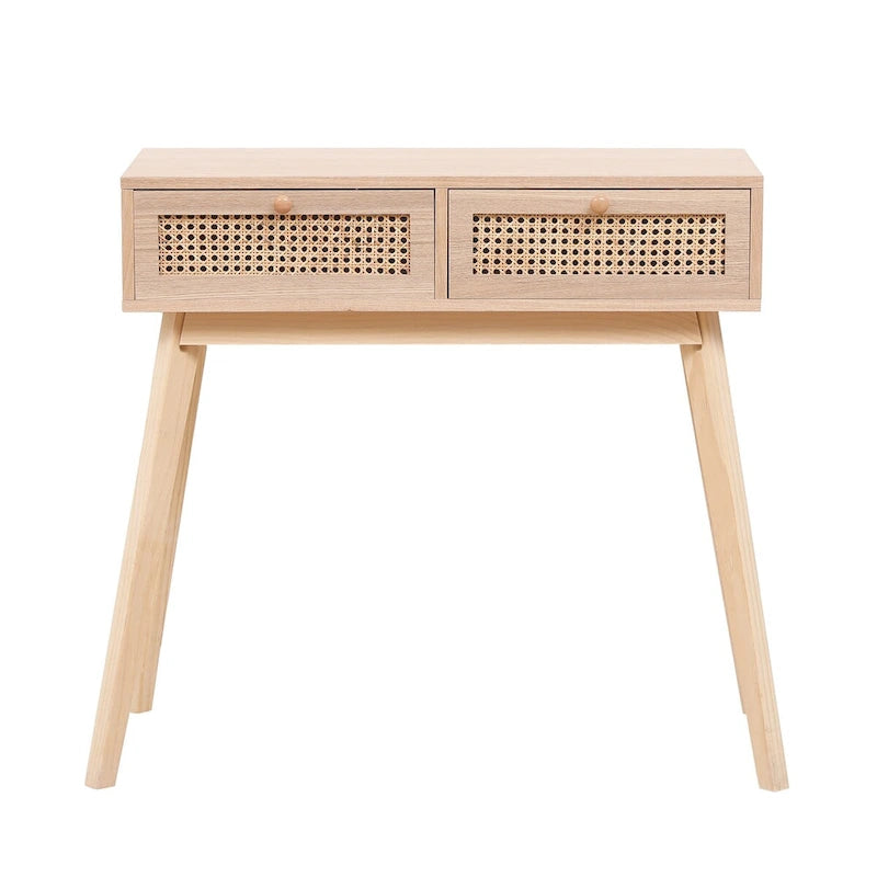 Table d'appoint avec deux tiroirs en rotin véritable, pieds de table en bois massif, peut être utilisée dans la salle à manger, le salon, la chambre