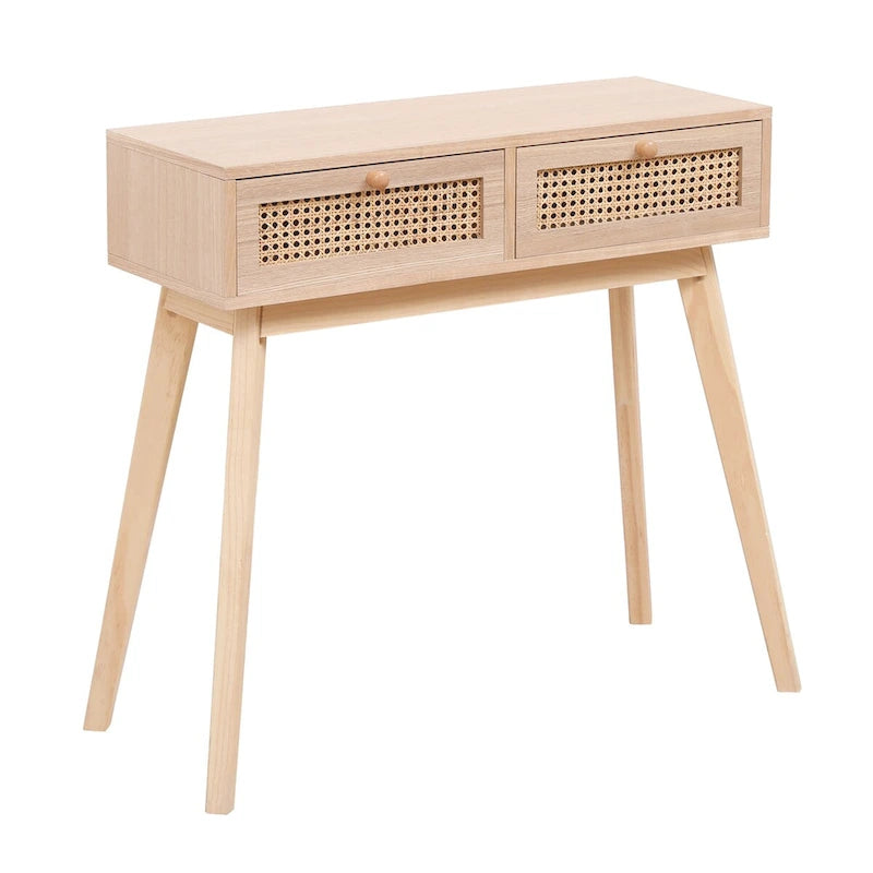 Table d'appoint avec deux tiroirs en rotin véritable, pieds de table en bois massif, peut être utilisée dans la salle à manger, le salon, la chambre