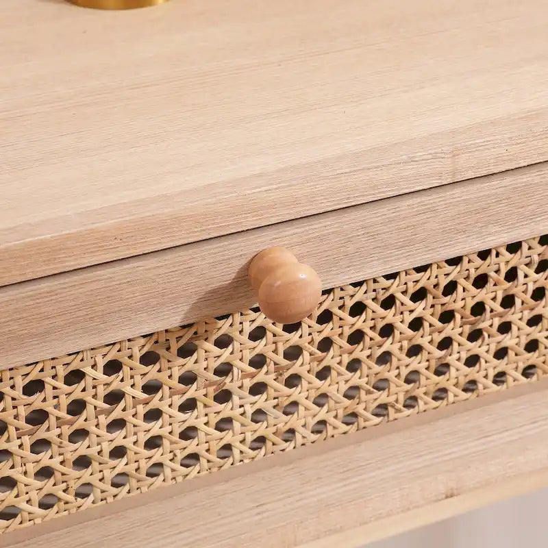 Table d'appoint avec deux tiroirs en rotin véritable, pieds de table en bois massif, peut être utilisée dans la salle à manger, le salon, la chambre