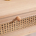 Table d'appoint avec deux tiroirs en rotin véritable, pieds de table en bois massif, peut être utilisée dans la salle à manger, le salon, la chambre
