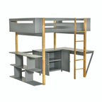Lit mezzanine en bois avec armoire de rangement intégrée, compartiments et bureau pliable