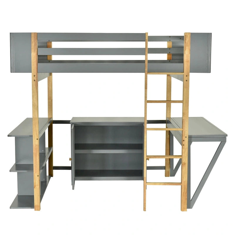 Lit mezzanine en bois avec armoire de rangement intégrée, compartiments et bureau pliable