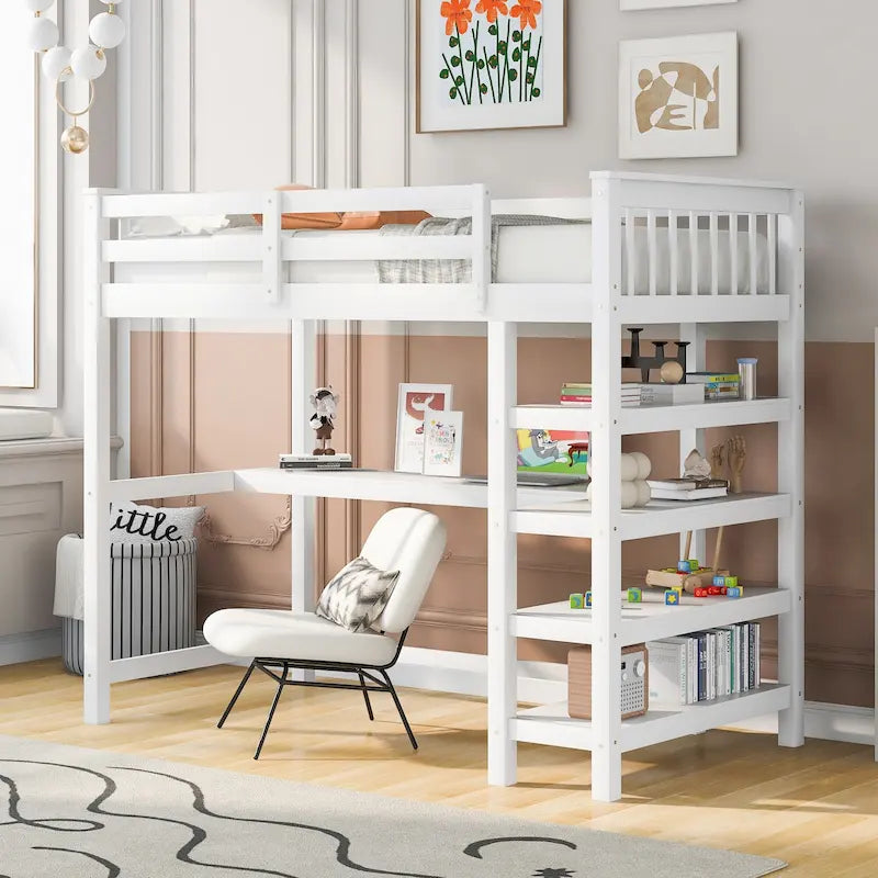 Lit mezzanine en pin avec étagères de rangement