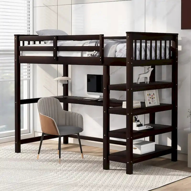 Lit mezzanine en pin avec étagères de rangement