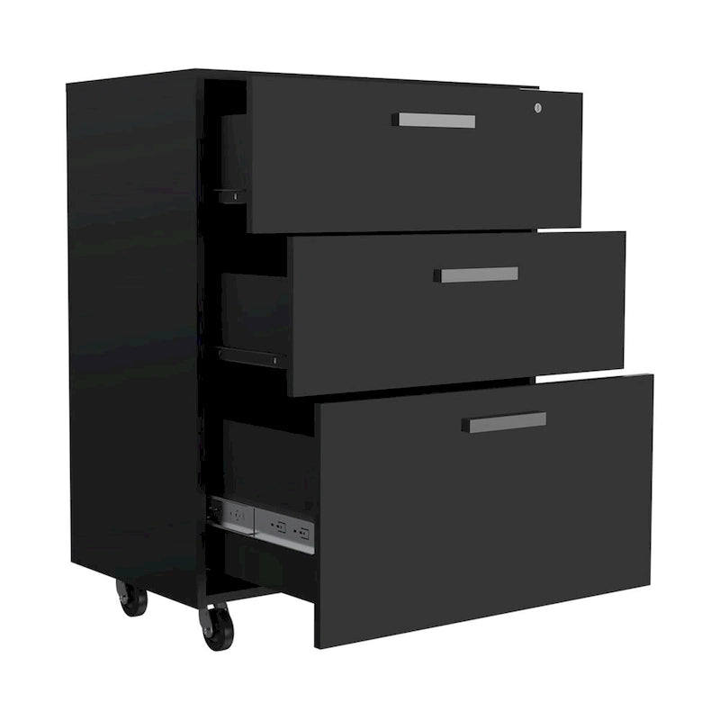 Meuble de Rangement à 3 Tiroirs avec Roulettes, Finition Wengé Noir, Organiseur de Bureau Durable