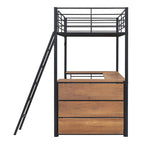 Lit mezzanine en métal noir avec bureau en L et 3 étagères, échelle réversible