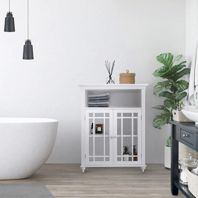 Meuble Bas Autoportant en Bois avec Portes Vitrées et Étagère Fixe Ouverte, Rangement Salle de Bain