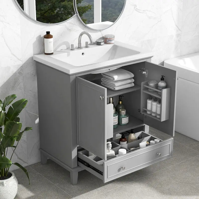 Meuble de rangement haut de salle de bain autoportant avec étagères réglables et porte