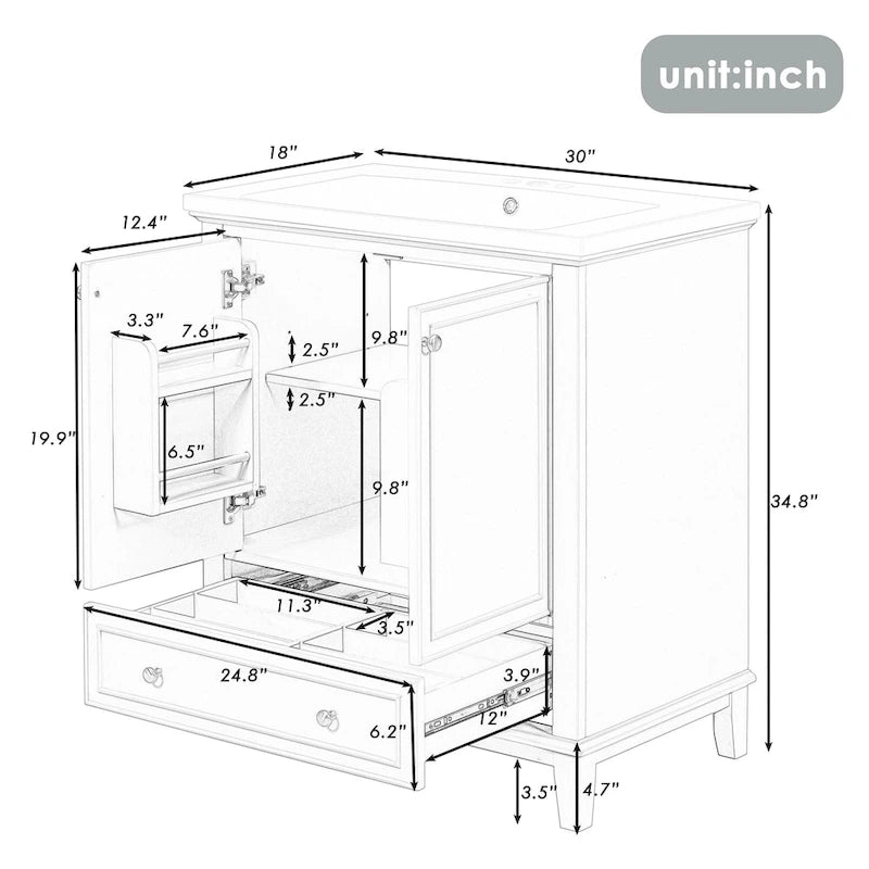 Meuble de rangement haut de salle de bain autoportant avec étagères réglables et porte