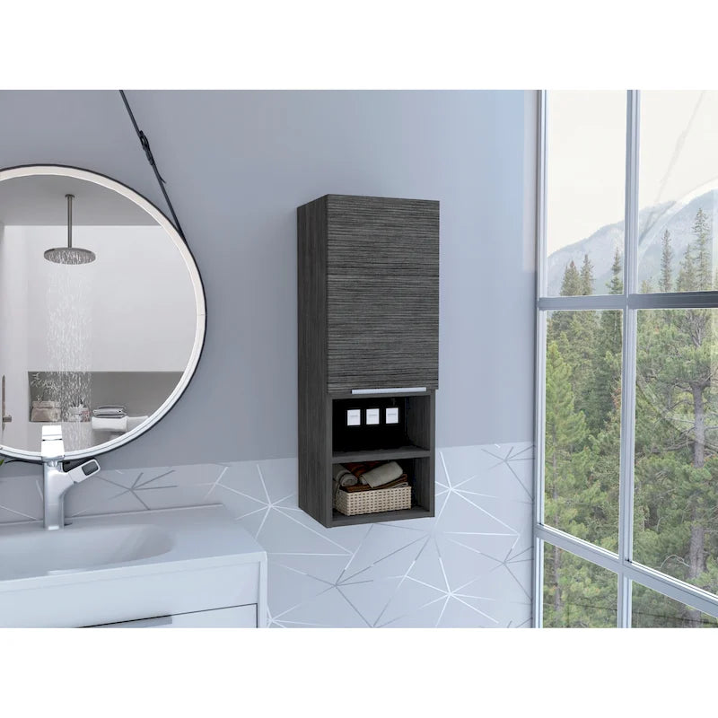 Meuble de salle de bain à porte unique avec 2 étagères intérieures et 2 étagères externes, fixation murale ou au sol
