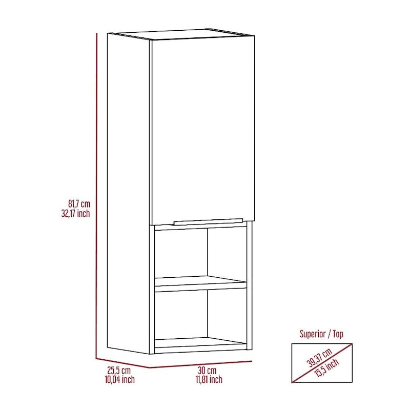 Meuble de salle de bain à porte unique avec 2 étagères intérieures et 2 étagères externes, fixation murale ou au sol