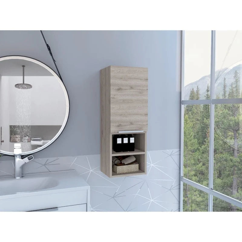 Meuble de salle de bain à porte unique avec 2 étagères intérieures et 2 étagères externes, fixation murale ou au sol
