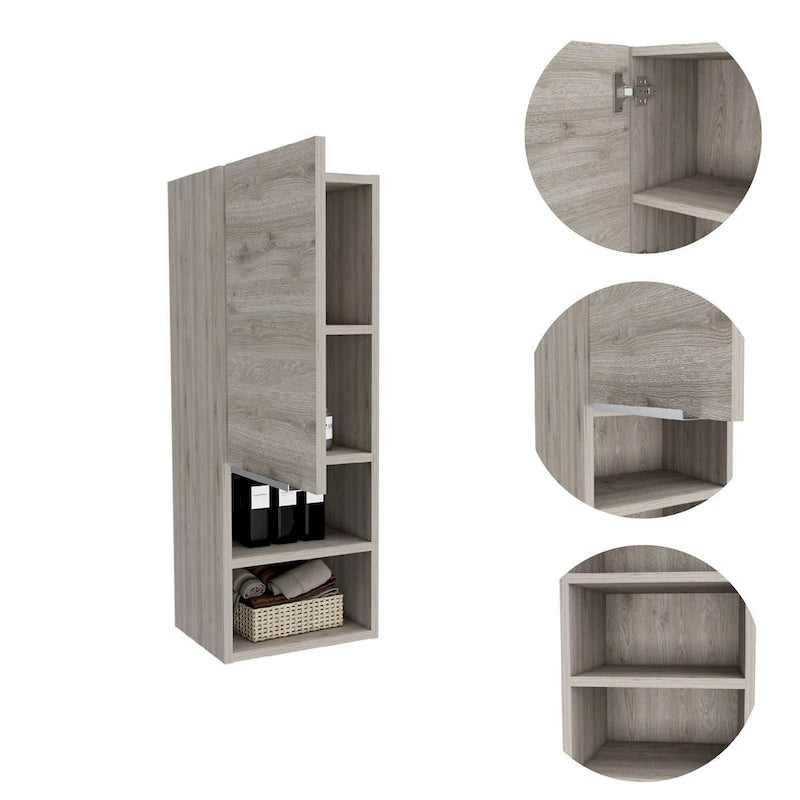 Meuble de salle de bain à porte unique avec 2 étagères intérieures et 2 étagères externes, fixation murale ou au sol