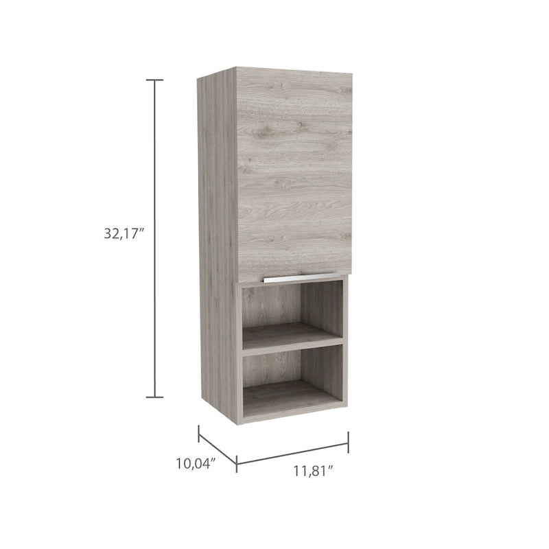 Meuble de salle de bain à porte unique avec 2 étagères intérieures et 2 étagères externes, fixation murale ou au sol