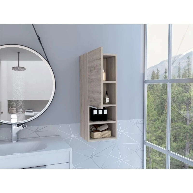 Meuble de salle de bain à porte unique avec 2 étagères intérieures et 2 étagères externes, fixation murale ou au sol