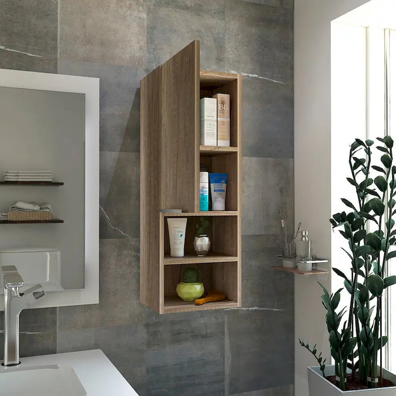 Meuble de salle de bain à porte unique avec 2 étagères intérieures et 2 étagères externes, fixation murale ou au sol