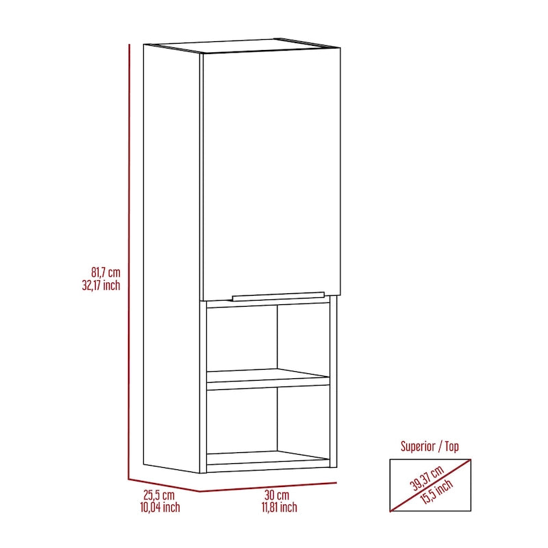 Meuble de salle de bain à porte unique avec 2 étagères intérieures et 2 étagères externes, fixation murale ou au sol