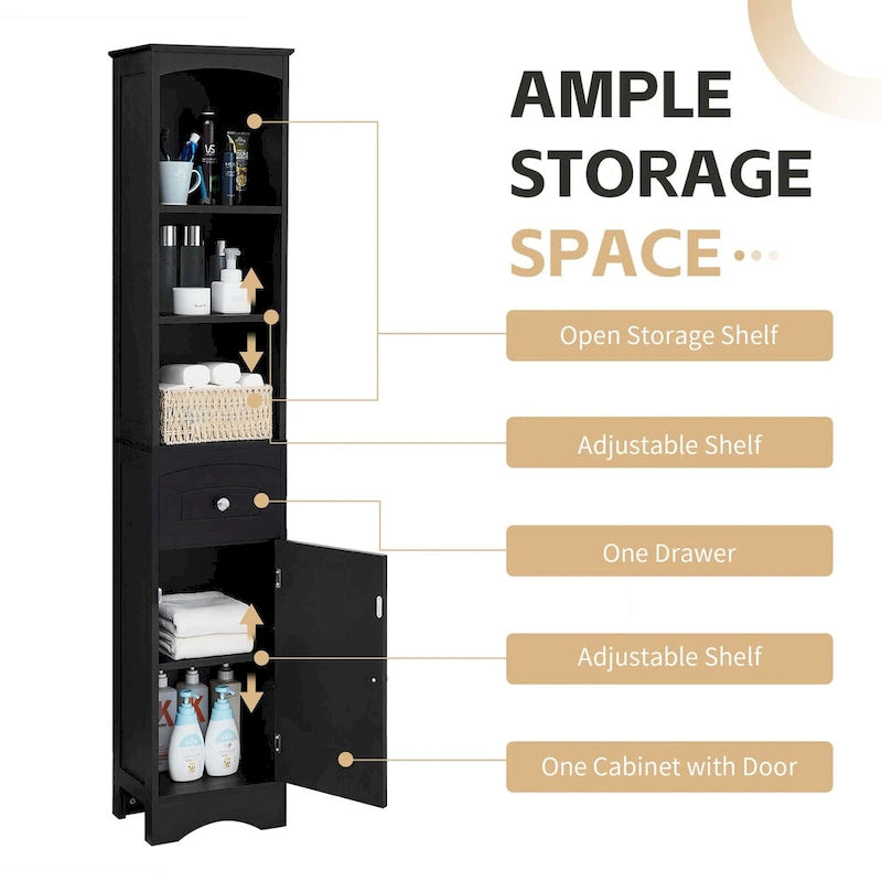 Colonne de salle de bain, Meuble de rangement sur pied avec tiroir, Panneau MDF, Étagère réglable, Noir