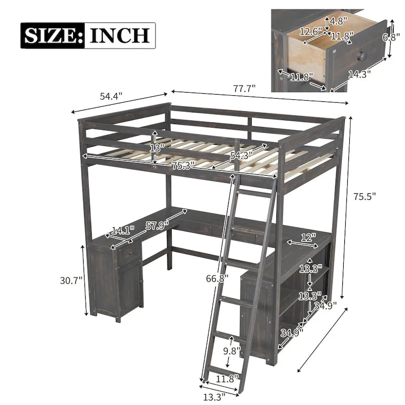Lit mezzanine Merax avec bureau en U, tiroirs et étagères de rangement